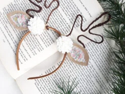 Antler Headband Christmas Flower Liberty Reindeer Woodland Fawn Doe Deer Hairband Grey White - Festival