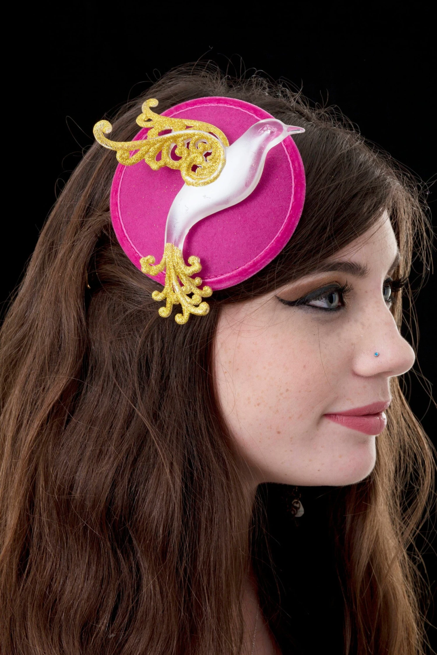 Christmas Pink And Gold Bird Fascinator 7 Christmas Pink And Gold Bird Fascinator - Image 5