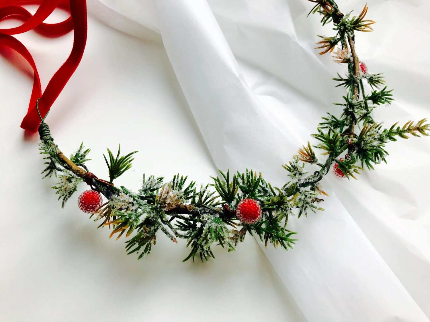 Winter Holiday Crown, Christmas Hair Wreath, Green Berry Headpiece, Winter Wedding Crown, Winter Bridal Crown, Christmas Headpiece 6 Winter Holiday Crown, Christmas Hair Wreath, Green Berry Headpiece, Winter Wedding Crown, Winter Bridal Crown, Christmas Headpiece - Image 4