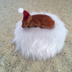 Christmas Deer Fascinator, White Faux Fur, With Flocked Deer Wearing Santa Hat. Handmade And In Stock.
