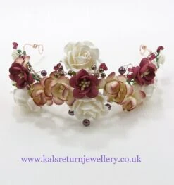 Burgundy Flower Headpiece. Cherry Blossoms, Ivory Roses, Swarovski Pearls And Crystals. Ready To Ship. Christmas Wedding -Cheap Bags & Purses Store il fullxfull.1776657154 6r2r