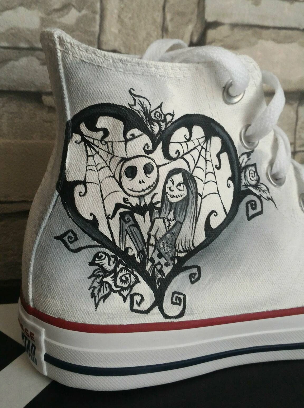 Nightmare Before Christmas Hand Painted Converse Shoes, Wedding Shoes ,hand Painted Wedding Shoes,Jack And Sally,Tim Burton Inspired 4 Nightmare Before Christmas Hand Painted Converse Shoes, Wedding Shoes ,hand Painted Wedding Shoes,Jack And Sally,Tim Burton Inspired - Image 2