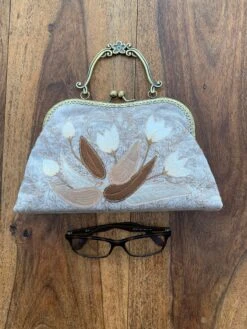 Romantic Antique Inspired Handmade Clutch Bag Embellished With Delicate Floral Aplique And Free Motion Embroidery Ideal Christmas Gift