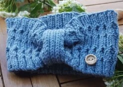 Hand Knitted Womens Blue Headband, In Merino Yarn. Twisted Rib. Handmade Gift For Her, Christmas, Birthday. To Order 18 Colours 3 Sizes