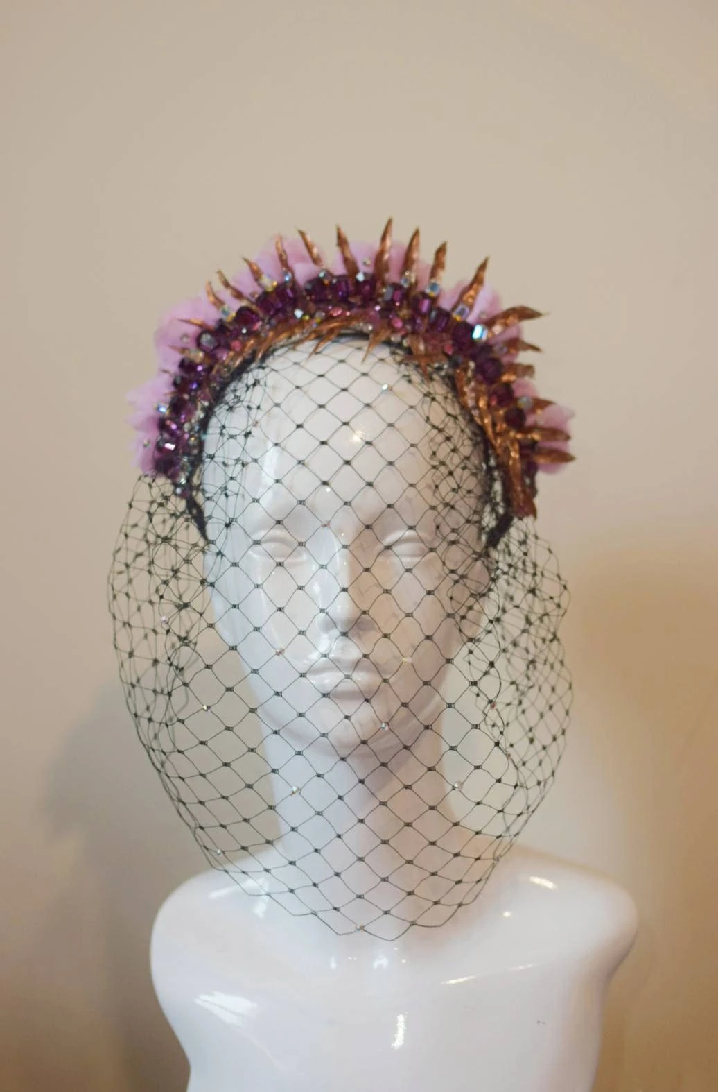 Glam Veil Headpiece With Festive Golden Foliage, Pink Flowers, Sparkly Vintage Swarovski Crystals, Beading, Burlesque, Perfect 4 Christmas. 6 Glam Veil Headpiece With Festive Golden Foliage, Pink Flowers, Sparkly Vintage Swarovski Crystals, Beading, Burlesque, Perfect 4 Christmas. - Image 4