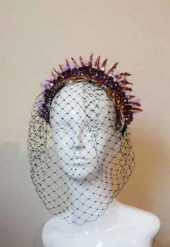 Glam Veil Headpiece With Festive Golden Foliage, Pink Flowers, Sparkly Vintage Swarovski Crystals, Beading, Burlesque, Perfect 4 Christmas.