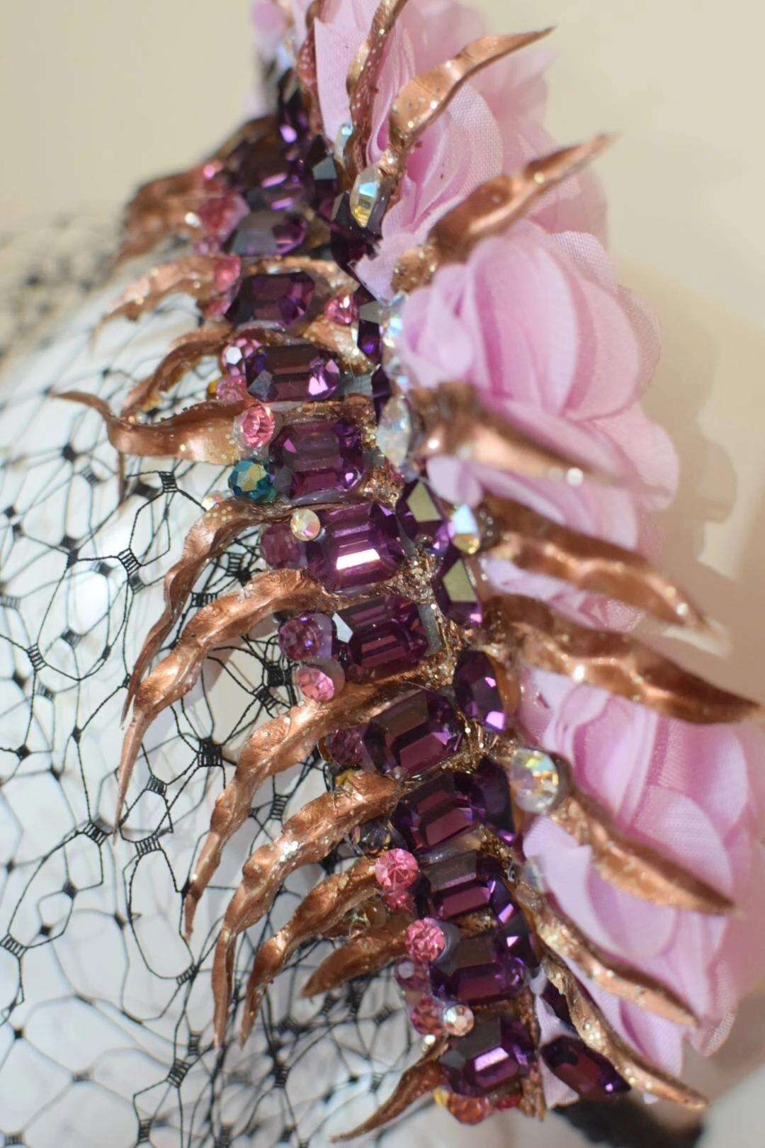 Glam Veil Headpiece With Festive Golden Foliage, Pink Flowers, Sparkly Vintage Swarovski Crystals, Beading, Burlesque, Perfect 4 Christmas. 5 Glam Veil Headpiece With Festive Golden Foliage, Pink Flowers, Sparkly Vintage Swarovski Crystals, Beading, Burlesque, Perfect 4 Christmas. - Image 3