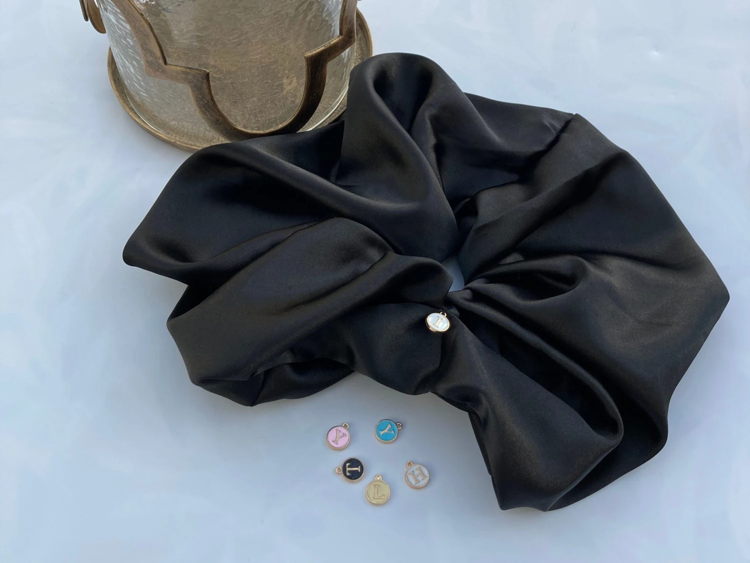 Black Satin Hair Scrunchie, Hair Scrunchie, Giant Scrunchie, Gift Idea, Personalised Present, Gift For Her, Christmas Presents 5 Black Satin Hair Scrunchie, Hair Scrunchie, Giant Scrunchie, Gift Idea, Personalised Present, Gift For Her, Christmas Presents - Image 3