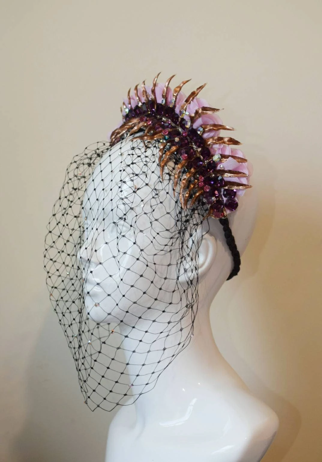 Glam Veil Headpiece With Festive Golden Foliage, Pink Flowers, Sparkly Vintage Swarovski Crystals, Beading, Burlesque, Perfect 4 Christmas. 4 Glam Veil Headpiece With Festive Golden Foliage, Pink Flowers, Sparkly Vintage Swarovski Crystals, Beading, Burlesque, Perfect 4 Christmas. - Image 2