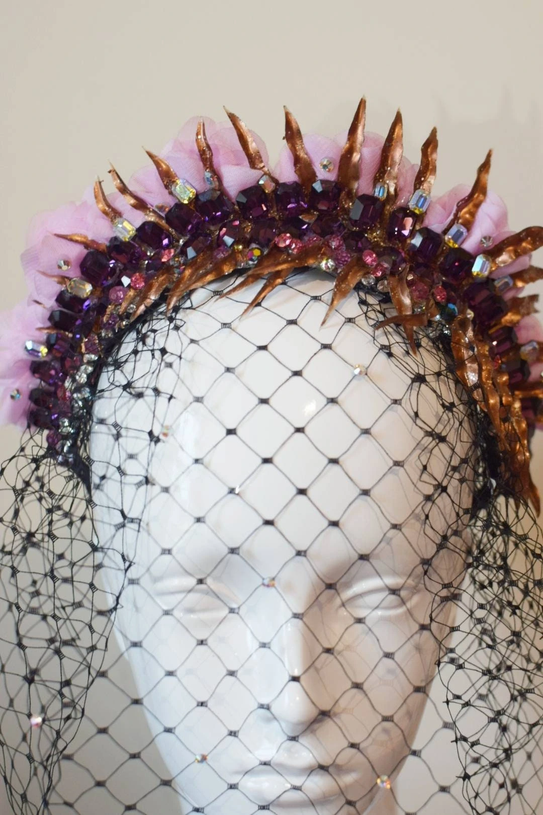 Glam Veil Headpiece With Festive Golden Foliage, Pink Flowers, Sparkly Vintage Swarovski Crystals, Beading, Burlesque, Perfect 4 Christmas. 7 Glam Veil Headpiece With Festive Golden Foliage, Pink Flowers, Sparkly Vintage Swarovski Crystals, Beading, Burlesque, Perfect 4 Christmas. - Image 5