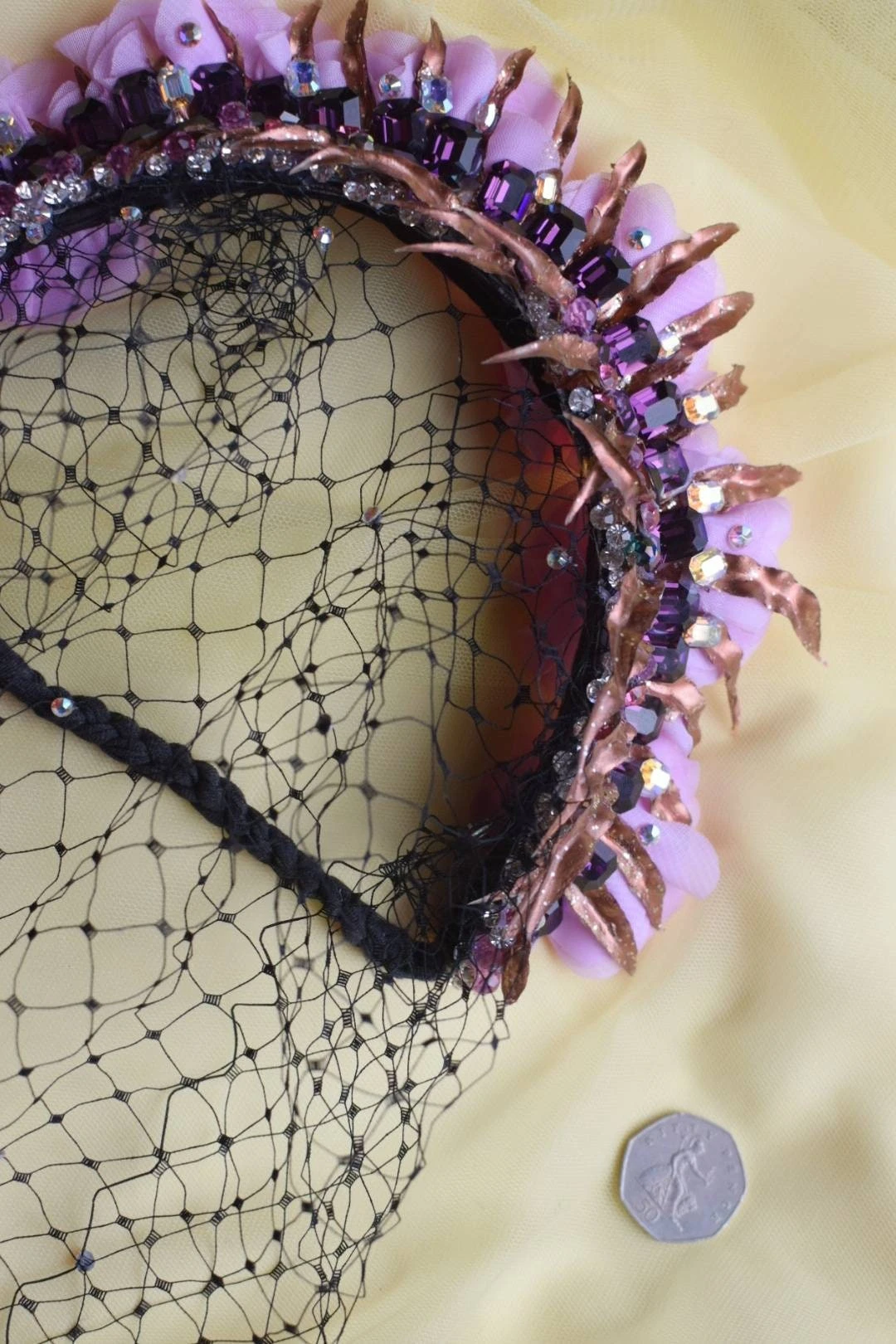 Glam Veil Headpiece With Festive Golden Foliage, Pink Flowers, Sparkly Vintage Swarovski Crystals, Beading, Burlesque, Perfect 4 Christmas. 11 Glam Veil Headpiece With Festive Golden Foliage, Pink Flowers, Sparkly Vintage Swarovski Crystals, Beading, Burlesque, Perfect 4 Christmas. - Image 9