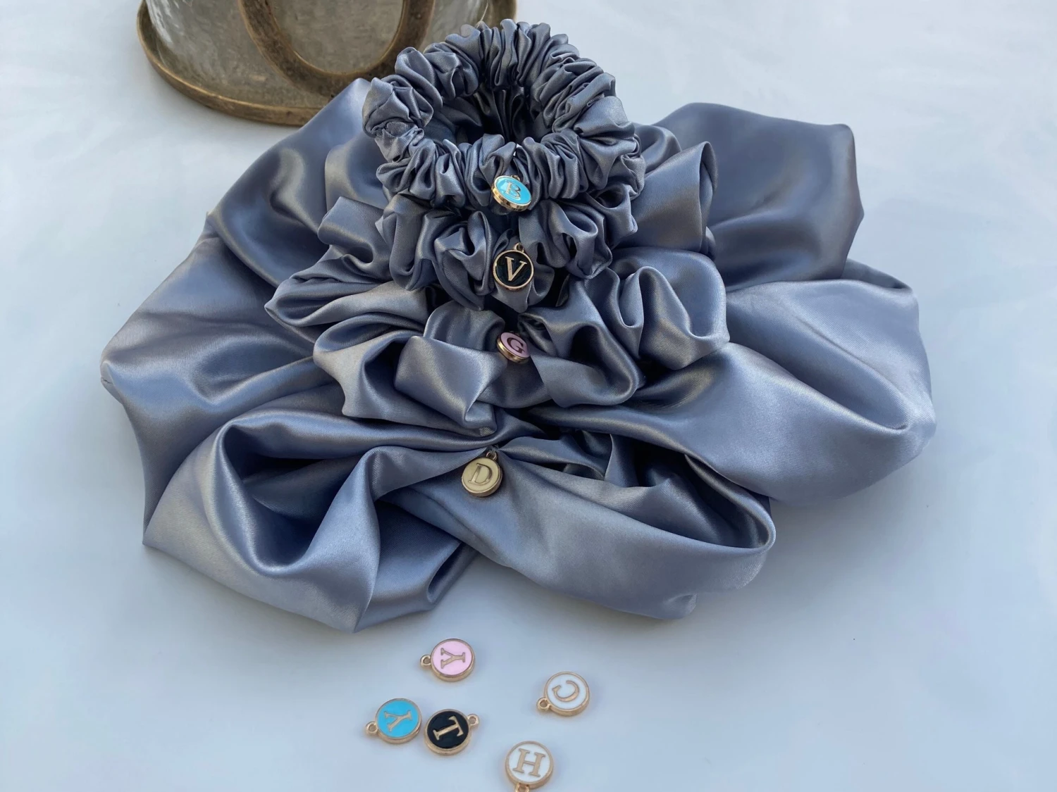 Grey Satin Hair Scrunchie, Hair Scrunchie, Giant Scrunchie, Gift Idea, Personalised Present, Gift For Her, Christmas Presents 4 Grey Satin Hair Scrunchie, Hair Scrunchie, Giant Scrunchie, Gift Idea, Personalised Present, Gift For Her, Christmas Presents - Image 2