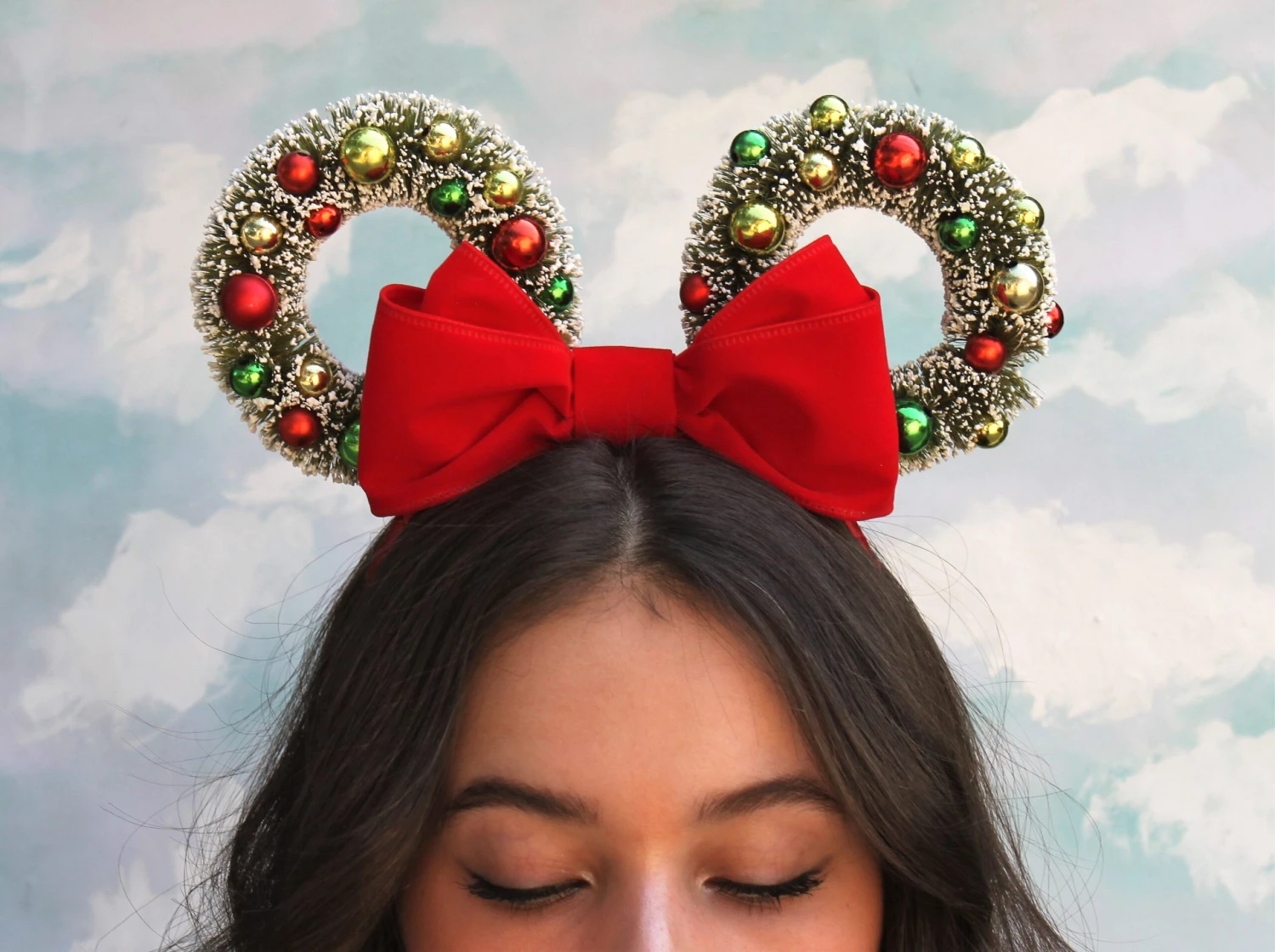 Red VELVET Classic Flocked Christmas Wreath Mickey Ears 7 Red VELVET Classic Flocked Christmas Wreath Mickey Ears - Image 5