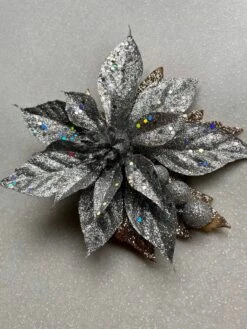 Large Silver Glitter Hair Flower/ Vintage Style Hair Flower/ Halloween Accessory/ Glitter Flower / Christmas Flower Clip