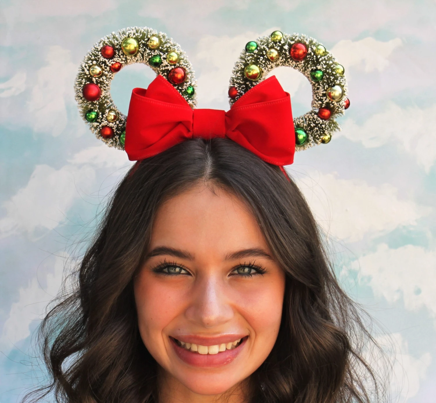 Red VELVET Classic Flocked Christmas Wreath Mickey Ears 6 Red VELVET Classic Flocked Christmas Wreath Mickey Ears - Image 4