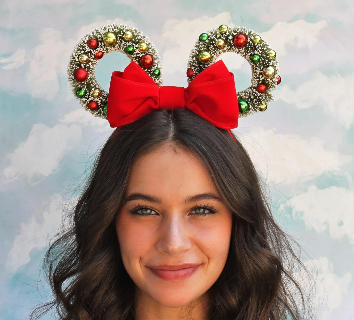 Red VELVET Classic Flocked Christmas Wreath Mickey Ears 3 Red VELVET Classic Flocked Christmas Wreath Mickey Ears