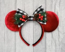Christmas Twig Mouse Ears, Red Velvet Minnie Ears, Holiday Disney Ears