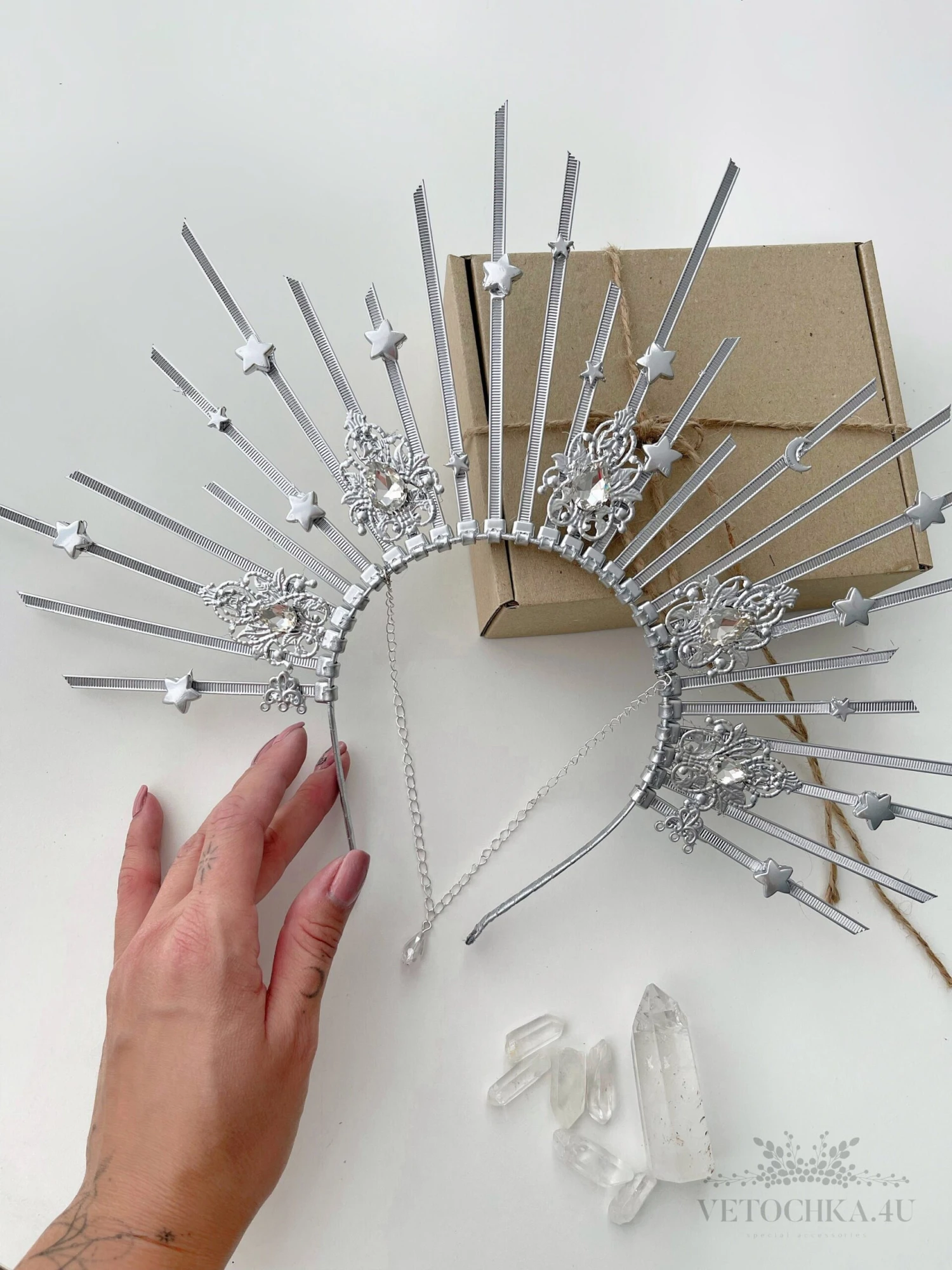 Wedding Silver Halo Crown, Moon Stars Headpiece, Gothic Wedding Crown Headdres, Celestial Headpiece, Christmas Angel Halo, Aquarius Jewelry 4 Wedding Silver Halo Crown, Moon Stars Headpiece, Gothic Wedding Crown Headdres, Celestial Headpiece, Christmas Angel Halo, Aquarius Jewelry - Image 2