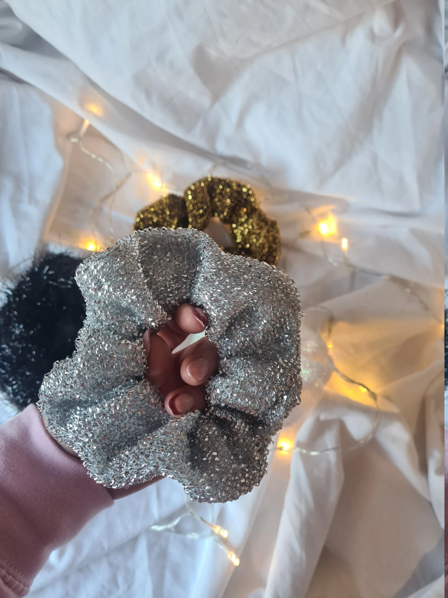 Tinsel Christmas Hair Scrunchie Silver, Gold, Black, Iridescent 5 Tinsel Christmas Hair Scrunchie Silver, Gold, Black, Iridescent - Image 3