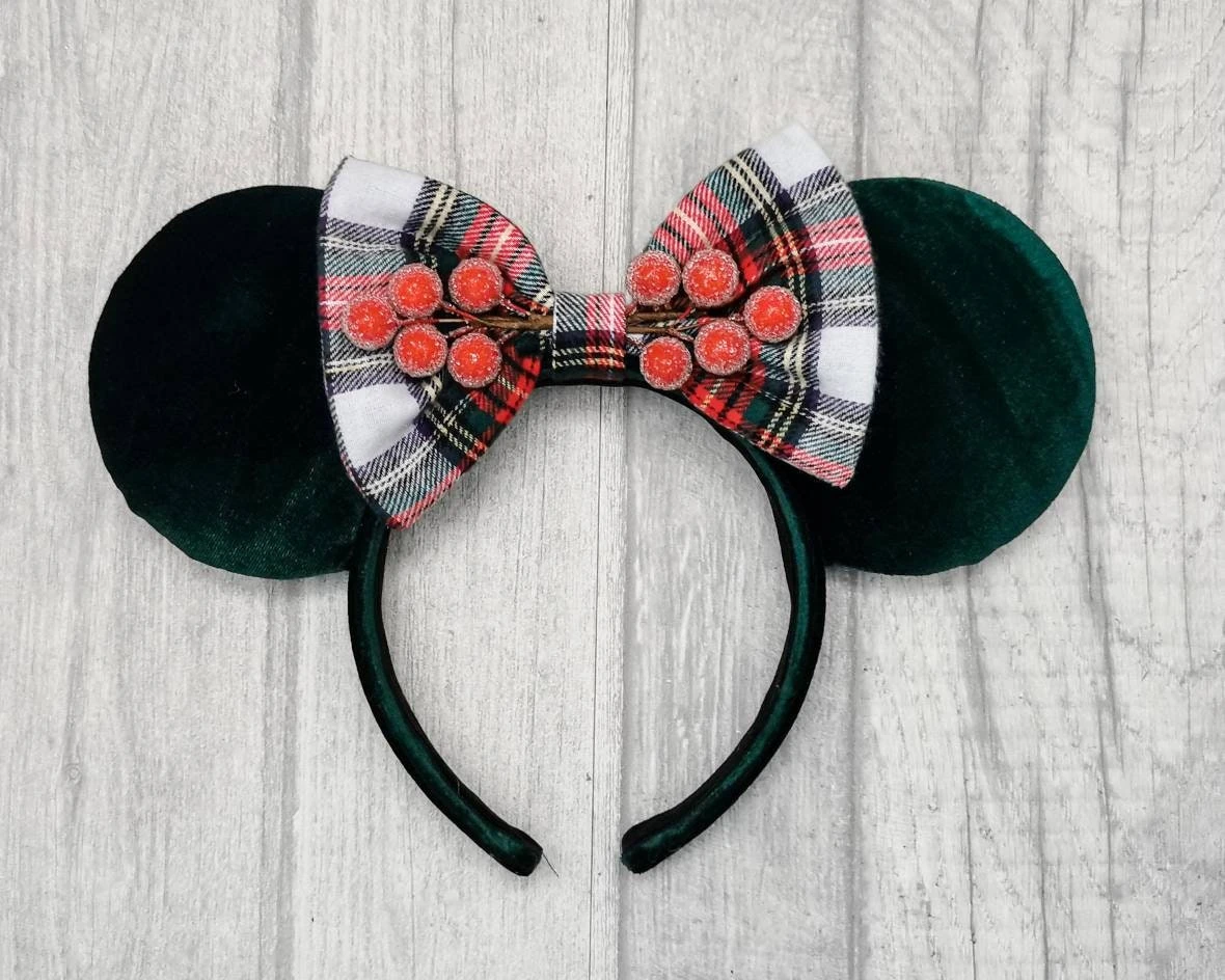 Christmas Winter Berry Mouse Ears, Green Velvet Minnie Ears, Festive Disney Ears 3 Christmas Winter Berry Mouse Ears, Green Velvet Minnie Ears, Festive Disney Ears