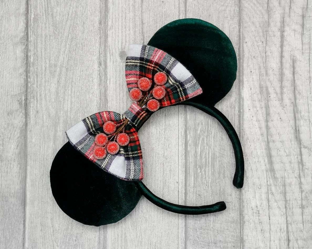 Christmas Winter Berry Mouse Ears, Green Velvet Minnie Ears, Festive Disney Ears 4 Christmas Winter Berry Mouse Ears, Green Velvet Minnie Ears, Festive Disney Ears - Image 2