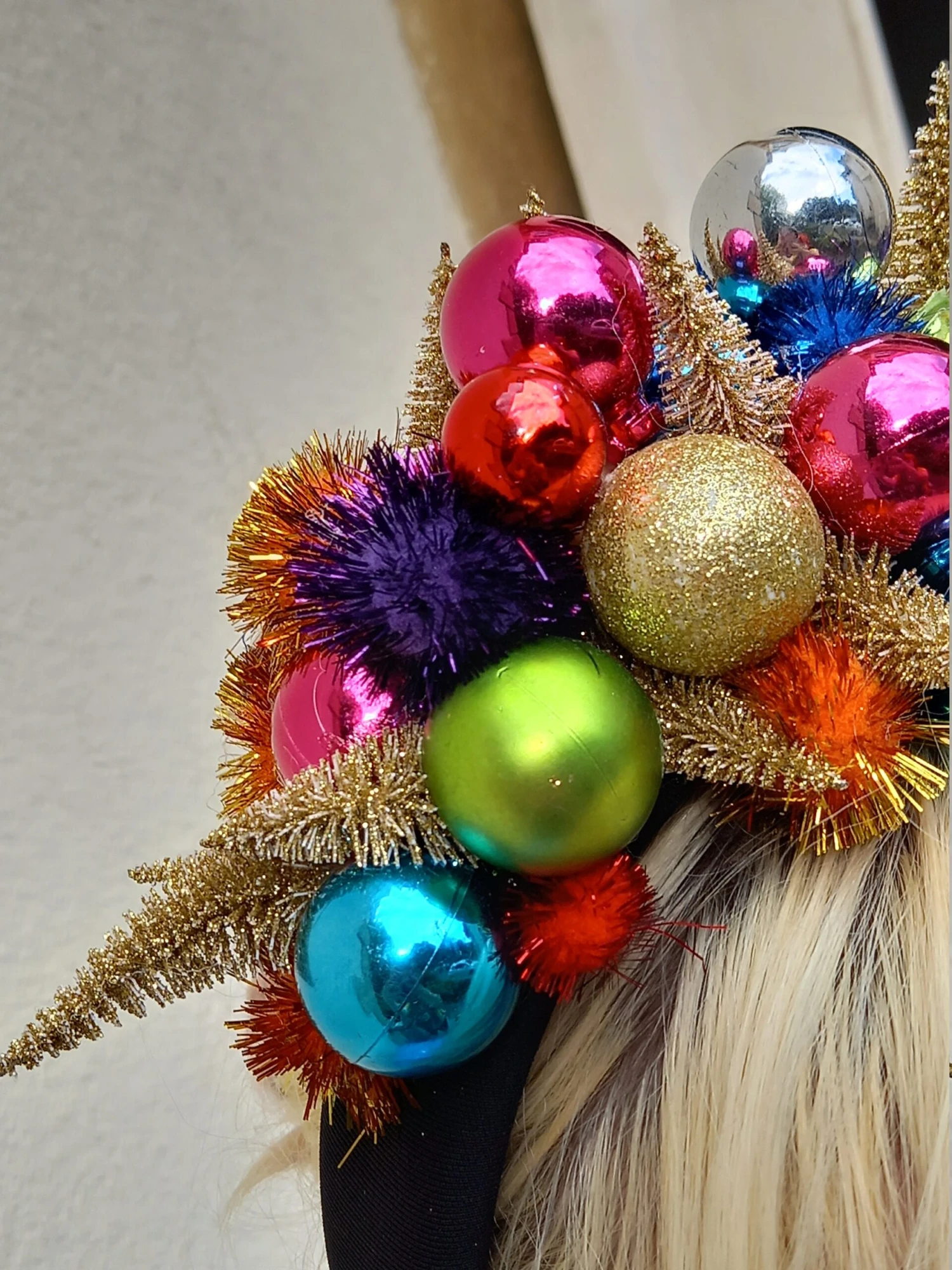 Glitter Bauble Christmas Headdress, Xmas Headwear, Encrusted With Gold, Green, Pink, Blue Glitter Baubles - Bridal, Folklore, Festival 8 Glitter Bauble Christmas Headdress, Xmas Headwear, Encrusted With Gold, Green, Pink, Blue Glitter Baubles - Bridal, Folklore, Festival - Image 6