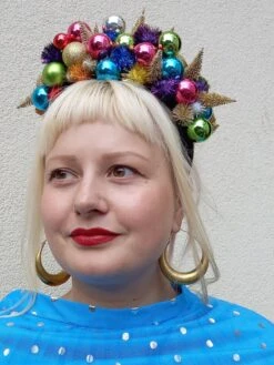 Glitter Bauble Christmas Headdress, Xmas Headwear, Encrusted With Gold, Green, Pink, Blue Glitter Baubles - Bridal, Folklore, Festival
