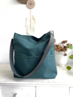 Women Casual Tote Bag , Hobo Shoulder Bag, Canvas Tote Bag With Leather Strap, Canvas Bucket Bag With Pocket And Zipper - Christmas Green -Cheap Bags & Purses Store il fullxfull.3529072675 6th3
