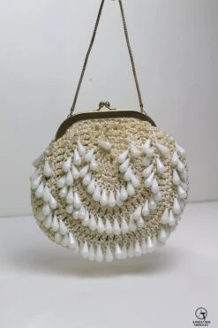 Cream White Crochet Beads Bag, 1960s Italian Evening Bag, Round Crochet Evening Bag, White Beaded Wrist Bag, Vintage Christmas Present,