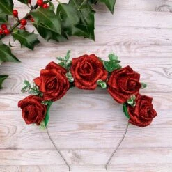 Red Rose Headband, Glitter Hair Accessory, Christmas Outfit, Valentine’s Day Flower Crown, Glamorous Accessories, Sparkly, Winter Wedding,