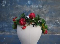 Red Flower Crown Floral Headpiece Christmas Headband Bridal Crown Winter Wedding Hair Piece