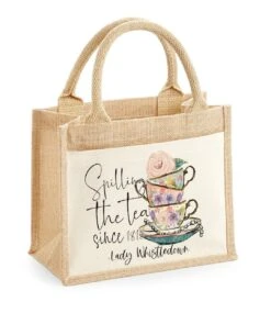 Personalised Bridgerton Jute Bag -Lady Whistledown Tea Cup Spilling Tea Bag -Bridgerton Christmas Shopping Bag, Keyworker Gift