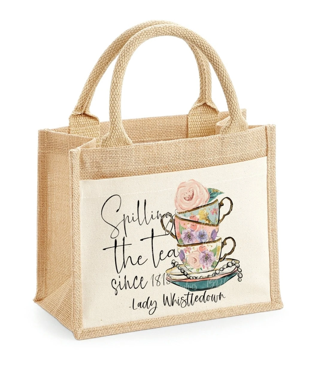 Personalised Bridgerton Jute Bag -Lady Whistledown Tea Cup Spilling Tea Bag -Bridgerton Christmas Shopping Bag, Keyworker Gift 3 Personalised Bridgerton Jute Bag -Lady Whistledown Tea Cup Spilling Tea Bag -Bridgerton Christmas Shopping Bag, Keyworker Gift
