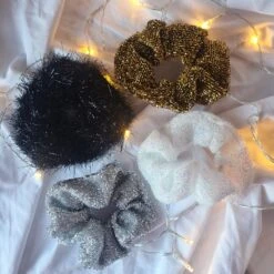Tinsel Christmas Hair Scrunchie Silver, Gold, Black, Iridescent