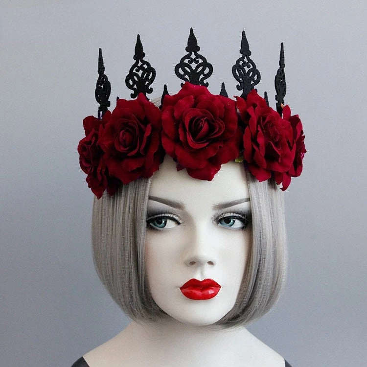 Red Rose Flower Wreath Crown, Gothic Princess Floral Tiara, Christmas Party Festival Floral Fascinator, Bohemian Wedding Garland Headpiece 7 Red Rose Flower Wreath Crown, Gothic Princess Floral Tiara, Christmas Party Festival Floral Fascinator, Bohemian Wedding Garland Headpiece - Image 5