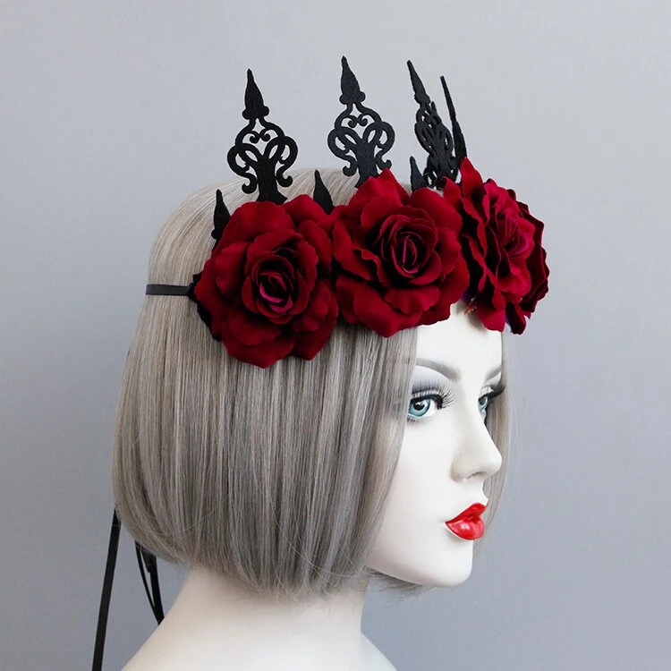 Red Rose Flower Wreath Crown, Gothic Princess Floral Tiara, Christmas Party Festival Floral Fascinator, Bohemian Wedding Garland Headpiece 4 Red Rose Flower Wreath Crown, Gothic Princess Floral Tiara, Christmas Party Festival Floral Fascinator, Bohemian Wedding Garland Headpiece - Image 2