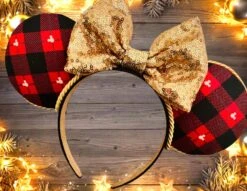 Christmas Tartan Mickey Minnie Ears, Christmas Mouse Ears, Holiday Minnie Ears,Mickey Christmas Ears., Seasonal Minnie Ears Headband