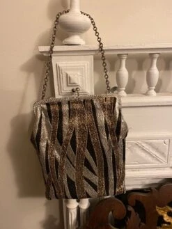 Genuine Vintage Handbag Evening Purse Black Gold Silver Glitter Design Fabric 1970’s Stylish Chain Handle Made In England Retro Christmas