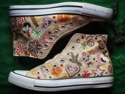 Hand-painted Christmas Sneakers, Unique Shoes For Xmas, Trainers With Sweets Pattern