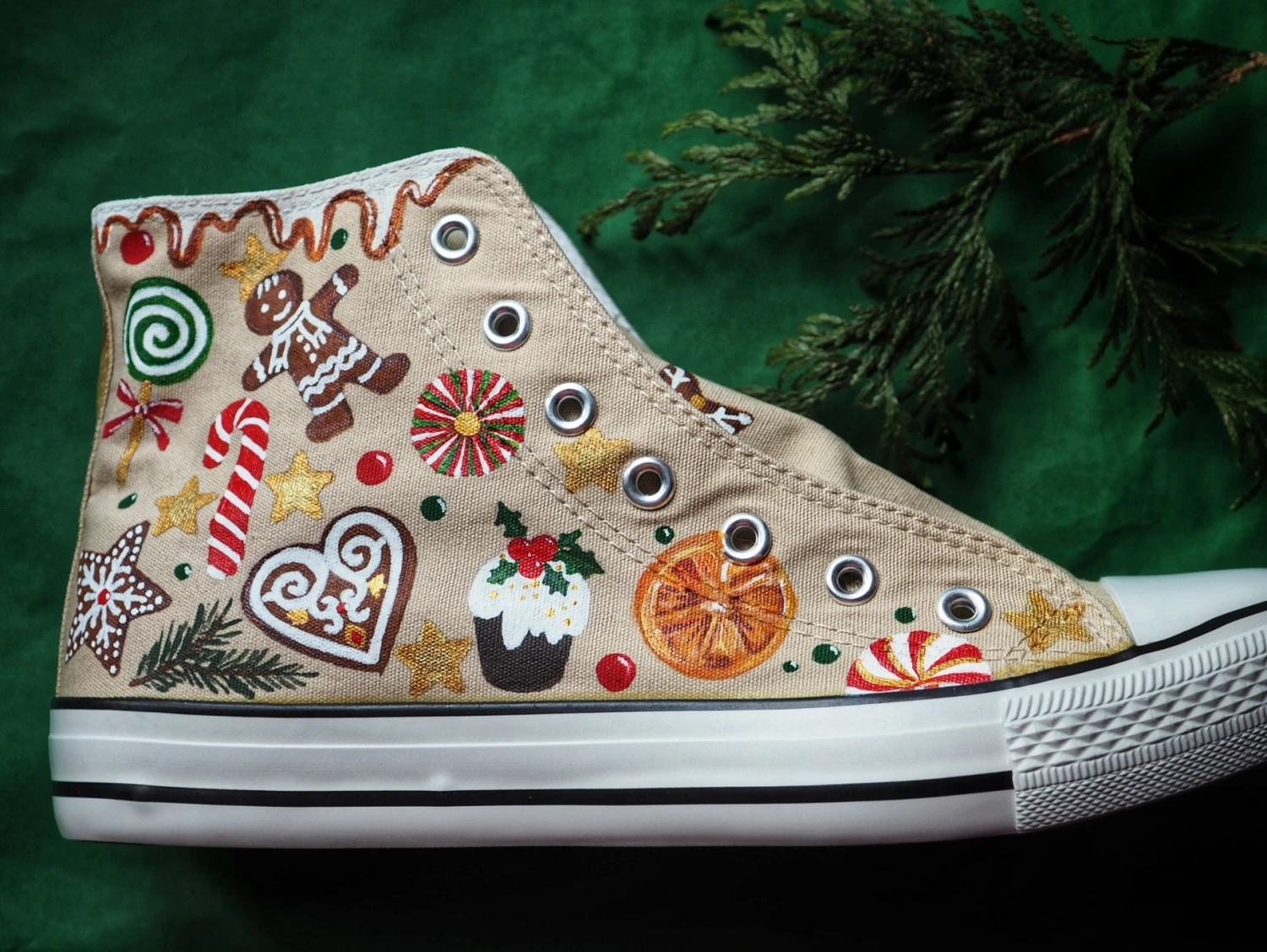 Hand-painted Christmas Sneakers, Unique Shoes For Xmas, Trainers With Sweets Pattern 4 Hand-painted Christmas Sneakers, Unique Shoes For Xmas, Trainers With Sweets Pattern - Image 2
