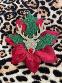 Holly Jolly Christmas Poinsettia With Glittery Gold Reindeer/ Hair Flower Clip / Brooch Corsage / Hair Accessory / Christmas Party Wear