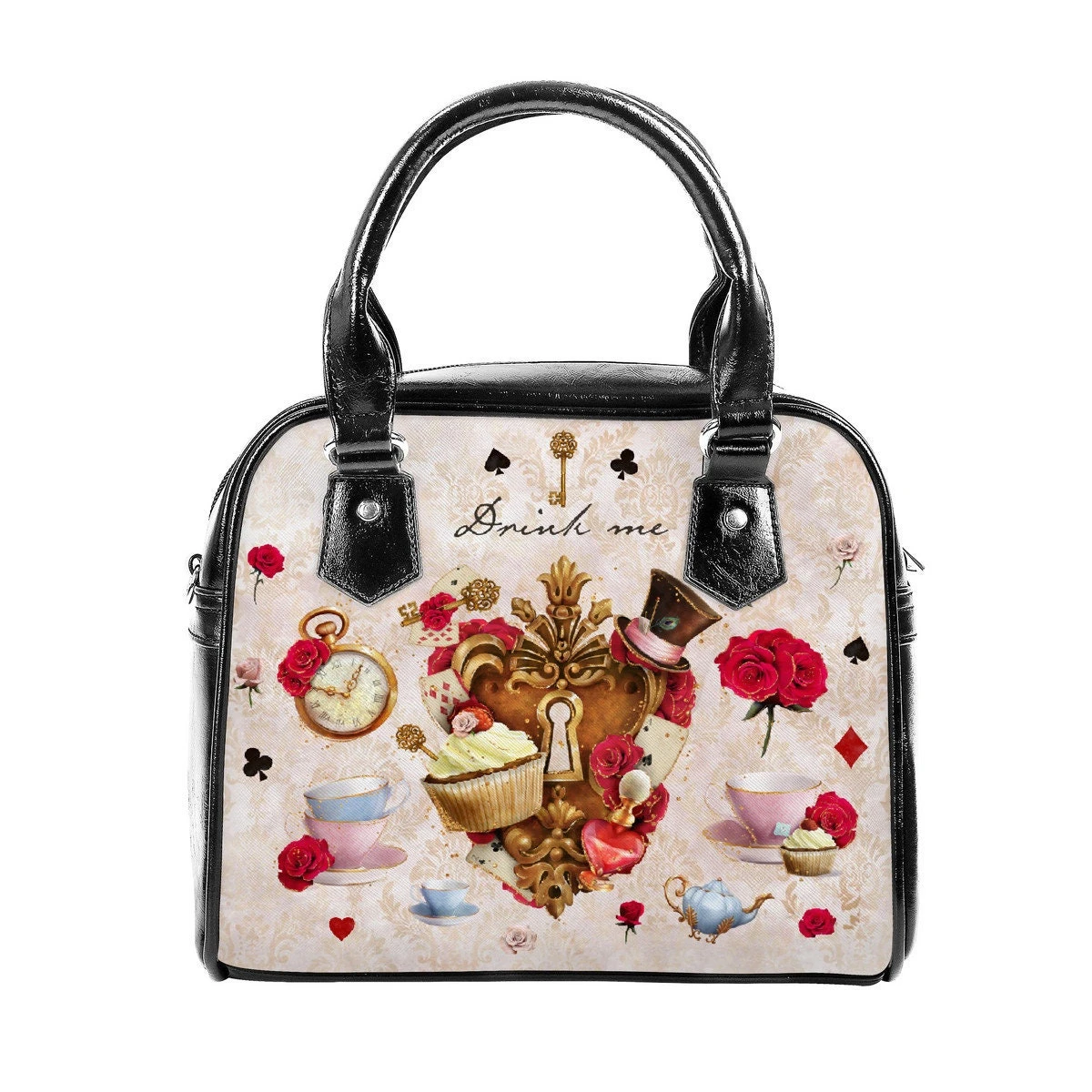 Love Lock & Key Alice In Wonderland Cream Christmas UK Bag Handbag Shoulder Straps Buckle Black Faux Leather Zipper School Diamond Adjust 6 Love Lock & Key Alice In Wonderland Cream Christmas UK Bag Handbag Shoulder Straps Buckle Black Faux Leather Zipper School Diamond Adjust - Image 4