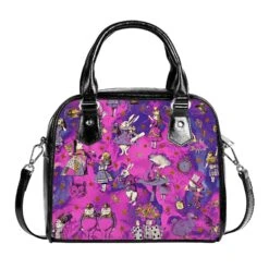 Cheshire Cat Alice In Wonderland Pink Purp Christmas UK Bag Handbag Shoulder Straps Buckle Black Faux Leather Zipper School Small Adjustable