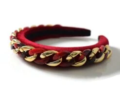 VIENNA RED & GOLD Beautiful Velvet 2 Cm Padded Headband Hairband Embellished With Tortoiseshell Chain Perfect Christmas Accessory Gift