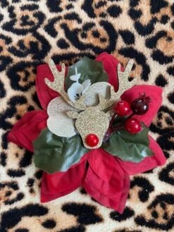 Winter Wonderland/ Festive Poinsettia With Glittery Gold Reindeer/ Hair Flower Clip / Brooch Corsage / Hair Accessory / Christmas Party