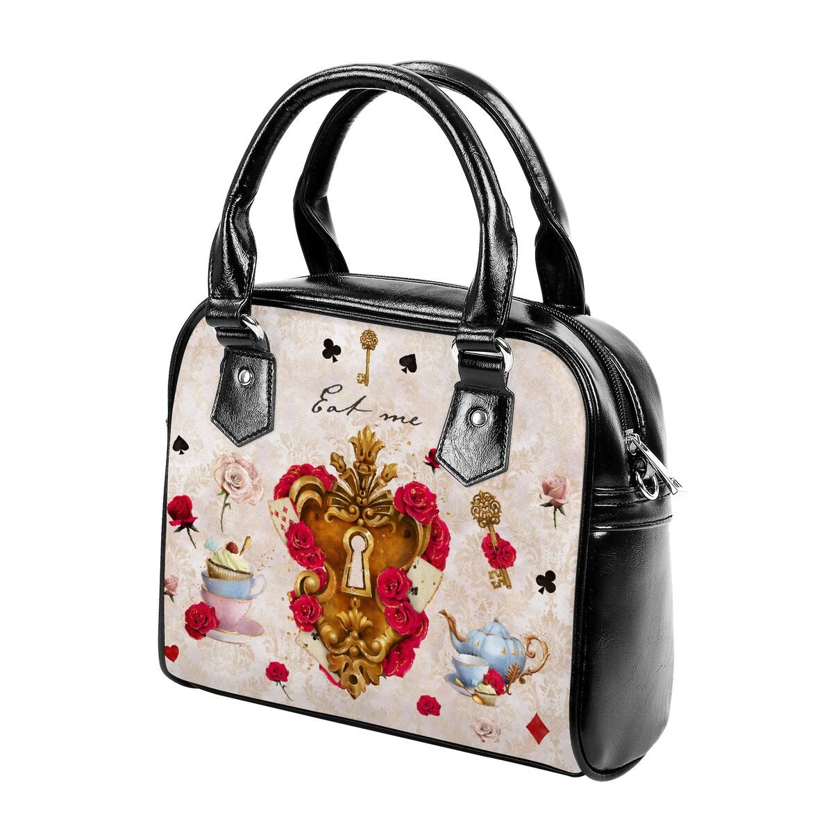 Love Lock & Key Alice In Wonderland Cream Christmas UK Bag Handbag Shoulder Straps Buckle Black Faux Leather Zipper School Diamond Adjust 5 Love Lock & Key Alice In Wonderland Cream Christmas UK Bag Handbag Shoulder Straps Buckle Black Faux Leather Zipper School Diamond Adjust - Image 3