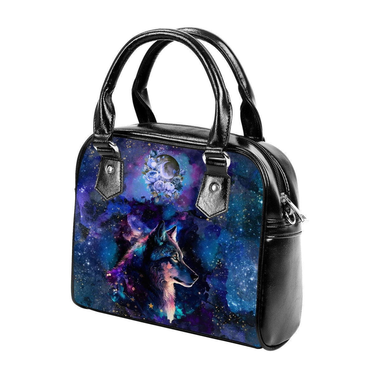 Cosmic Wolf Gothic Nebula Galaxy Moon Christmas Birthday Bag Handbag Space Celestial Star Shoulder Strap Faux Leather School Gifts For Her 4 Cosmic Wolf Gothic Nebula Galaxy Moon Christmas Birthday Bag Handbag Space Celestial Star Shoulder Strap Faux Leather School Gifts For Her - Image 2