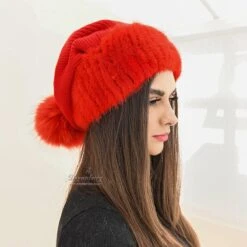 Wool Knit Hat With Fox Fur Ball And Mink Fur Trim, Christmas Hat, Santa Hat, Winter Hat, Fashion Hat