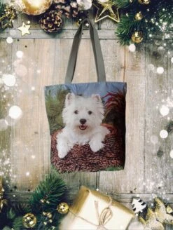 Westie Christmas Themed Tote Shoulder Bag, Ideal For Gym, Beach, Weekends, Traveling, Reusable Grocery Shopping Bag. West Highland White.