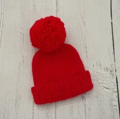 Red Baby Bobble Hat, Knitted Winter Hat, Unisex Christmas Gift For Newborn